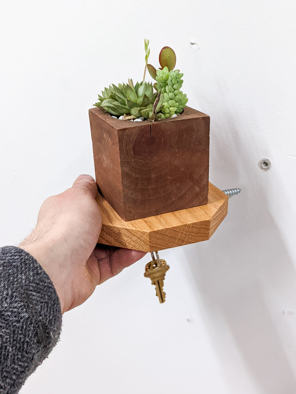 Octagon Shelf with Key Hook in Oak