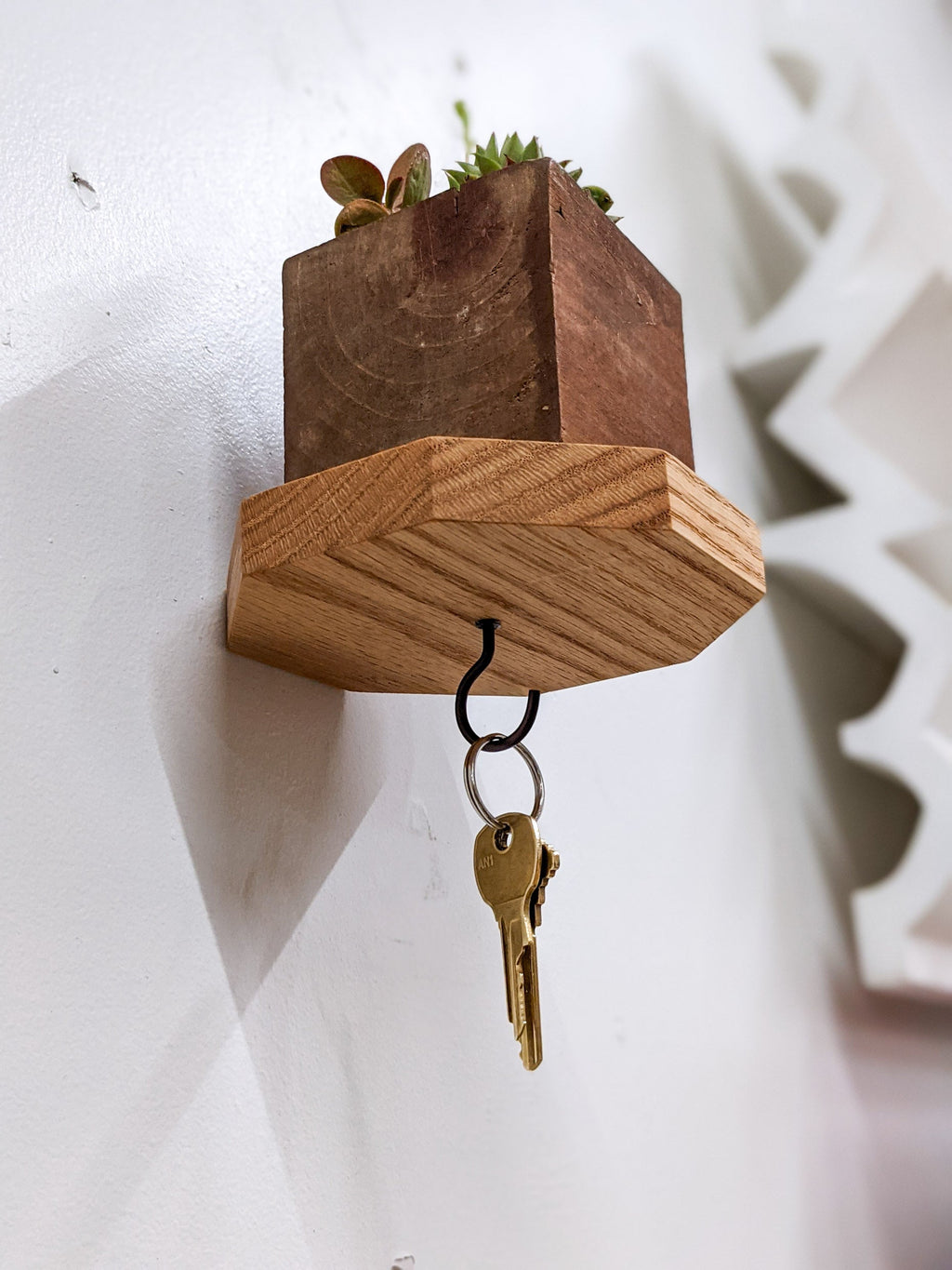 Mahogany Octagon Shelf with Key Hooks